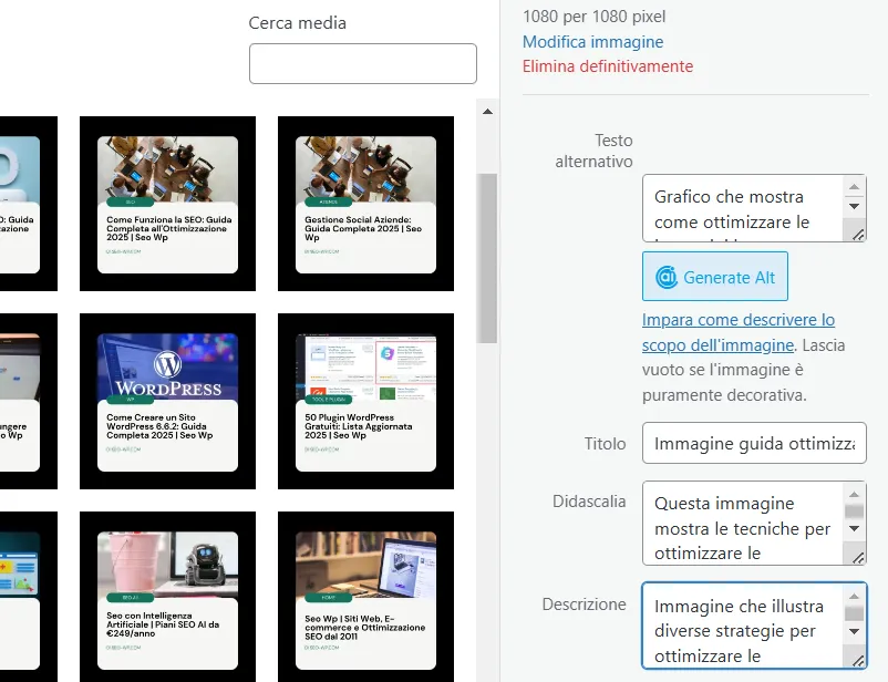 screenshot che mostra come modificare alt text, titolo e descrizione dei media wordpress