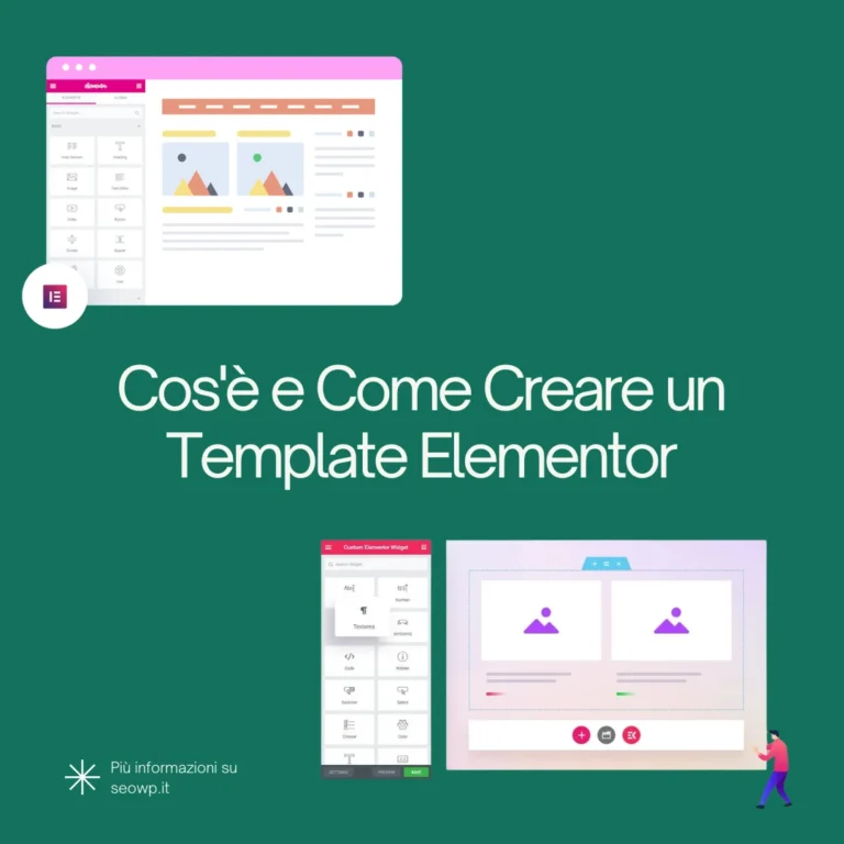 Grafica con sfondo verde e scritta di colore bianco: "Cos'è e Come Creare Template Elementor".