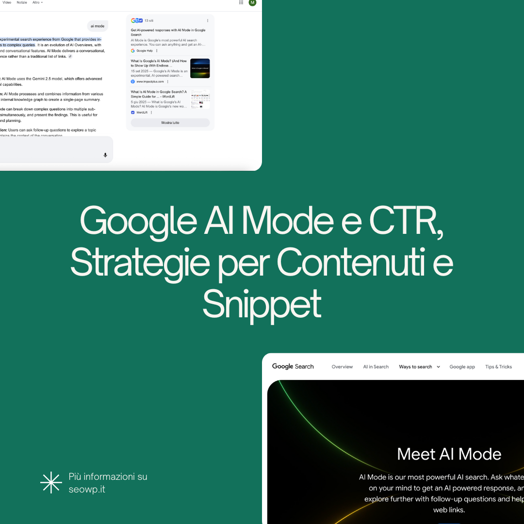 Grafica con sfondo verde e scritta di colore bianco: "Google AI Mode e CTR, Strategie per Contenuti e Snippet" e le grafiche di alcuni punti dell'AI Mode