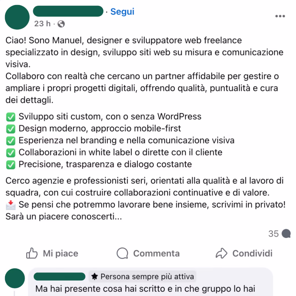 Screenshot della discussione su Facebook tra sviluppatori web italiani riguardo al dibattito se WordPress possa essere considerato un framework PHP o solo un CMS.